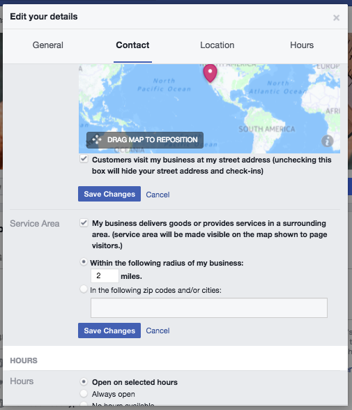 Where to specify your business location and hours on your Facebook page